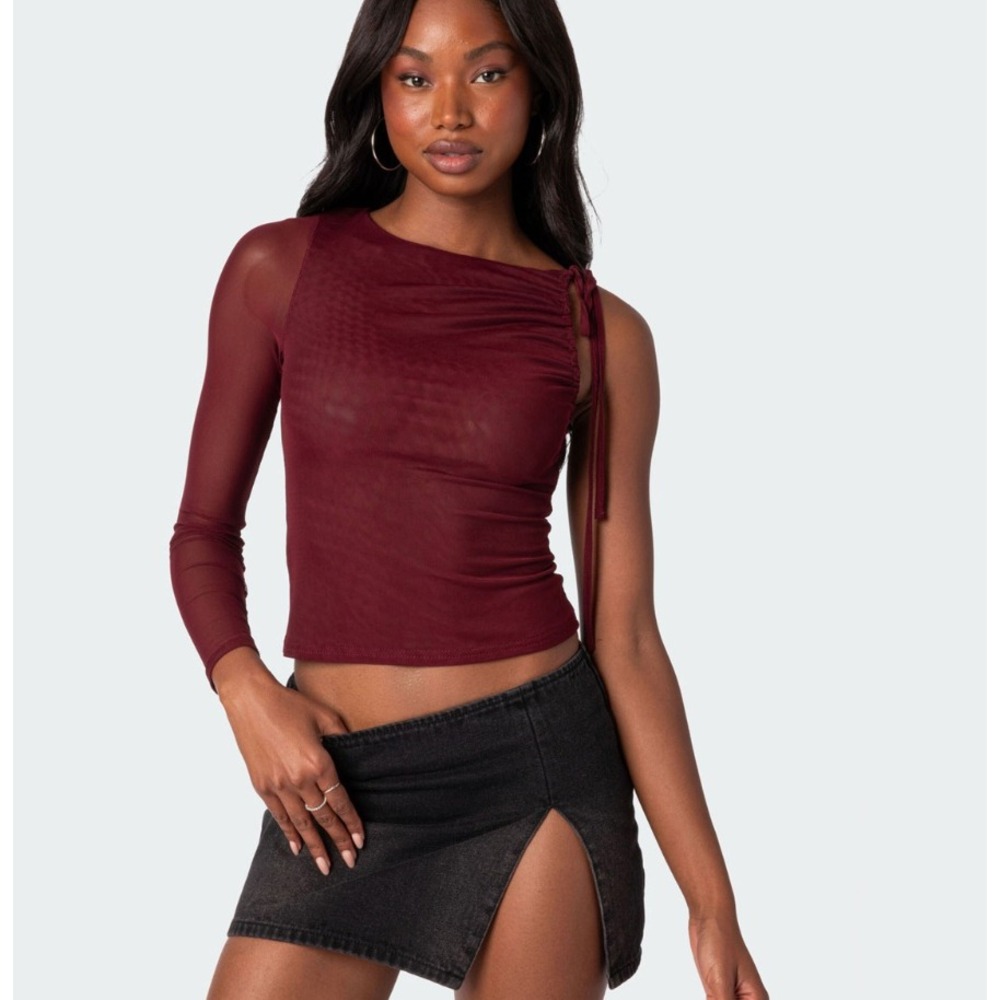 Edikted‎ Jupiter One Shoulder Mesh Top Burgundy Wine Ruched Asymmetric Medium